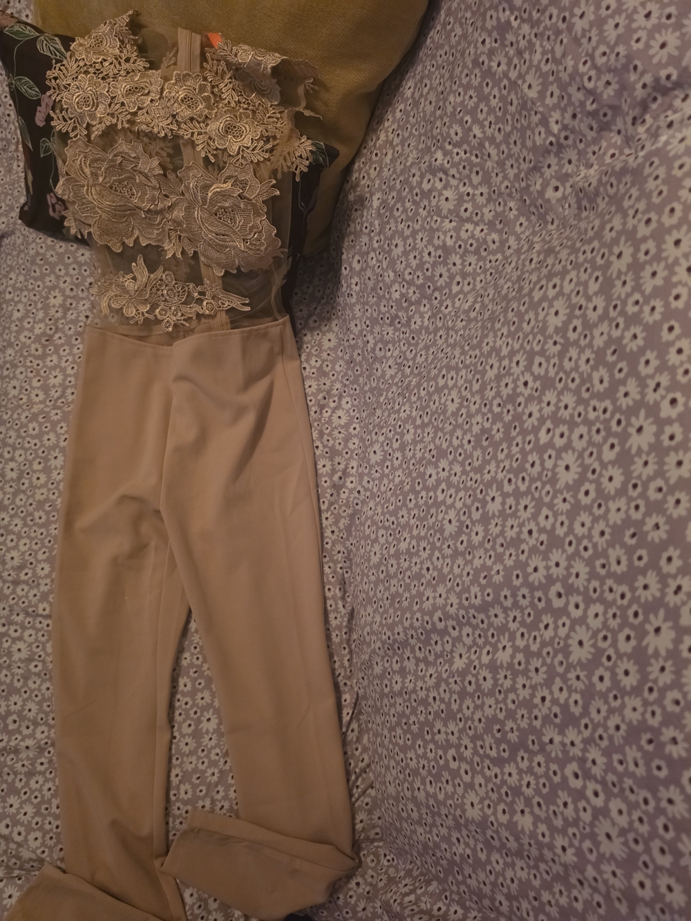 Forever 21 Beige Lace Bodice High-Waist Wide-Leg Jumpsuit